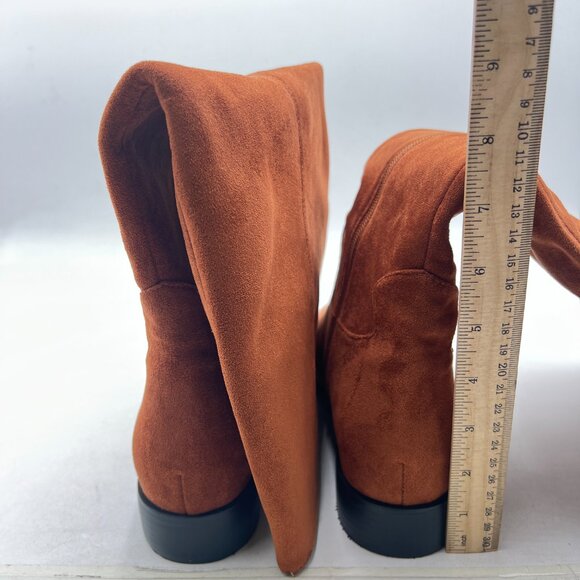 Brown Suede Almond Toe Low Heel Stretchy Long Boot Side Zipper Knee High Boots - Picture 5 of 8